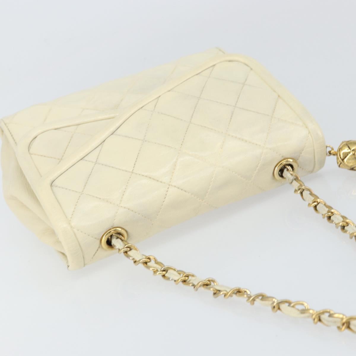 CHANEL Matelasse Chain Shoulder Bag Lamb Skin White Gold CC Auth bs31806