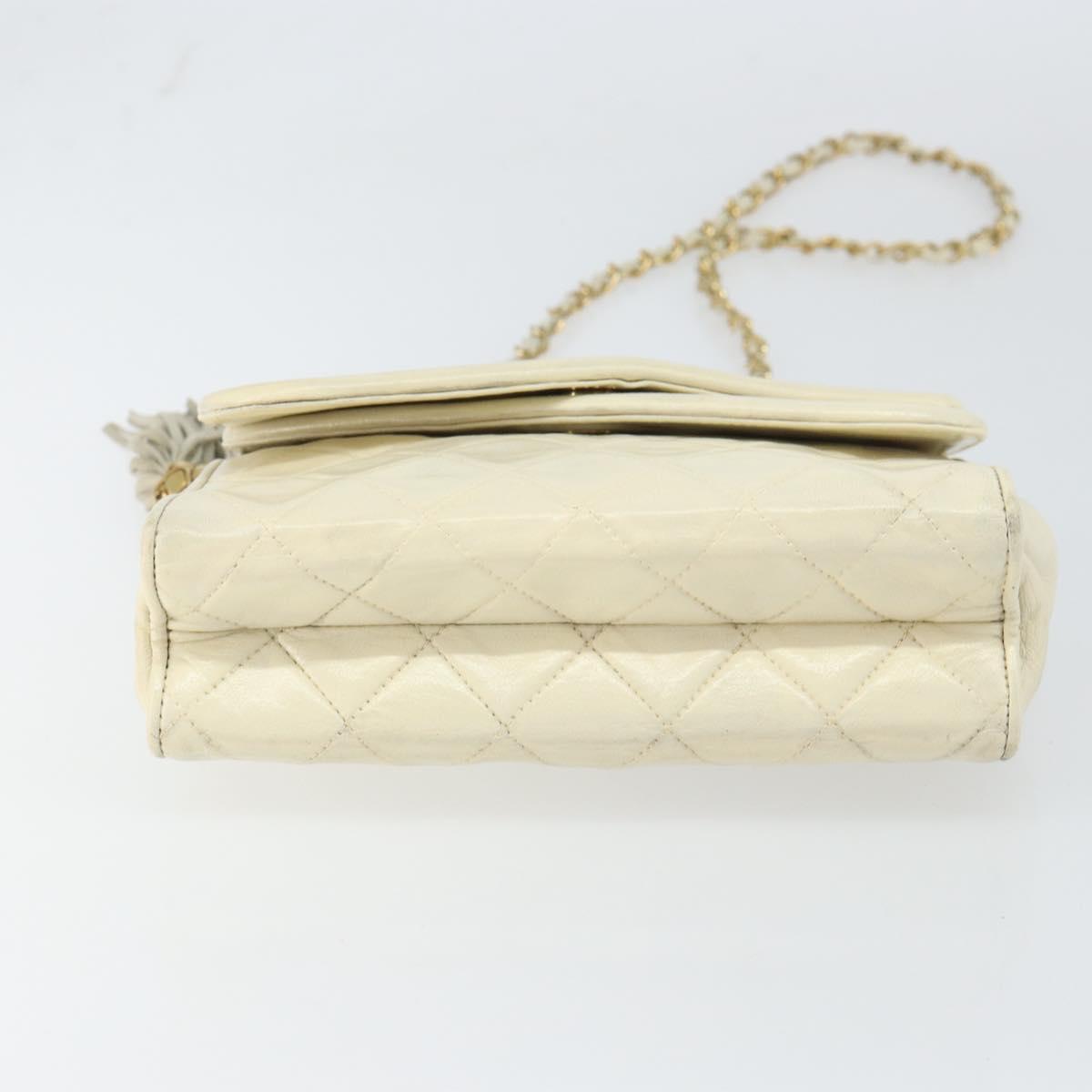 CHANEL Matelasse Chain Shoulder Bag Lamb Skin White Gold CC Auth bs31806