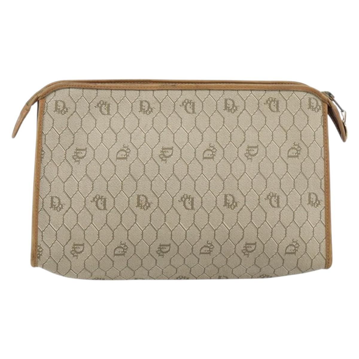 Christian Dior Honeycomb Canvas Clutch Bag PVC Beige Gold Auth bs31814
