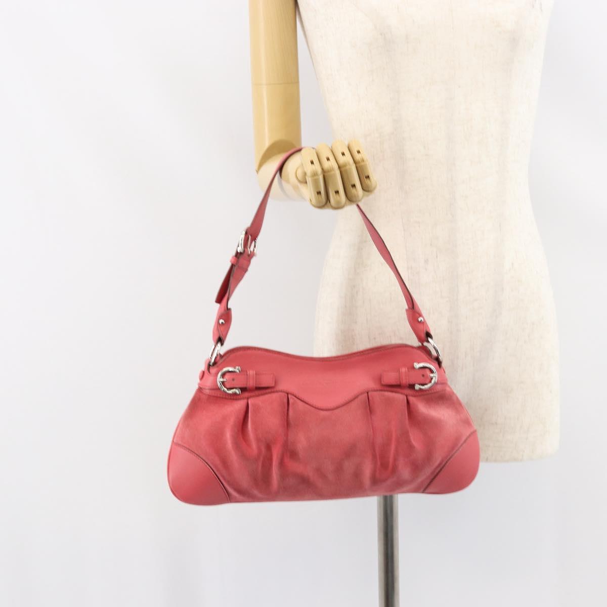 Salvatore Ferragamo Gancini Shoulder Bag Suede Leather Pink Silver Auth bs31824