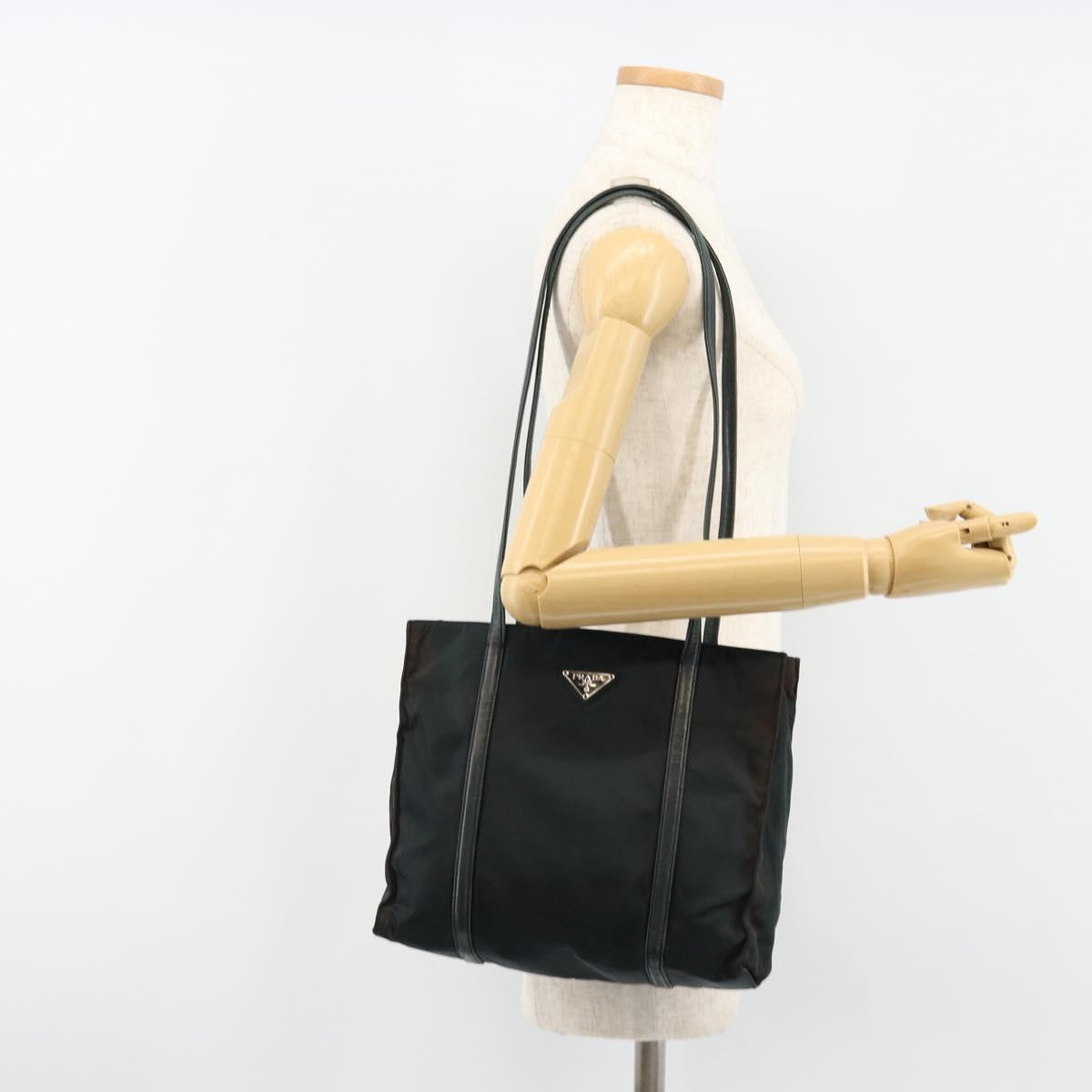 PRADA Tote Bag Nylon Leather Black Silver Auth bs31865