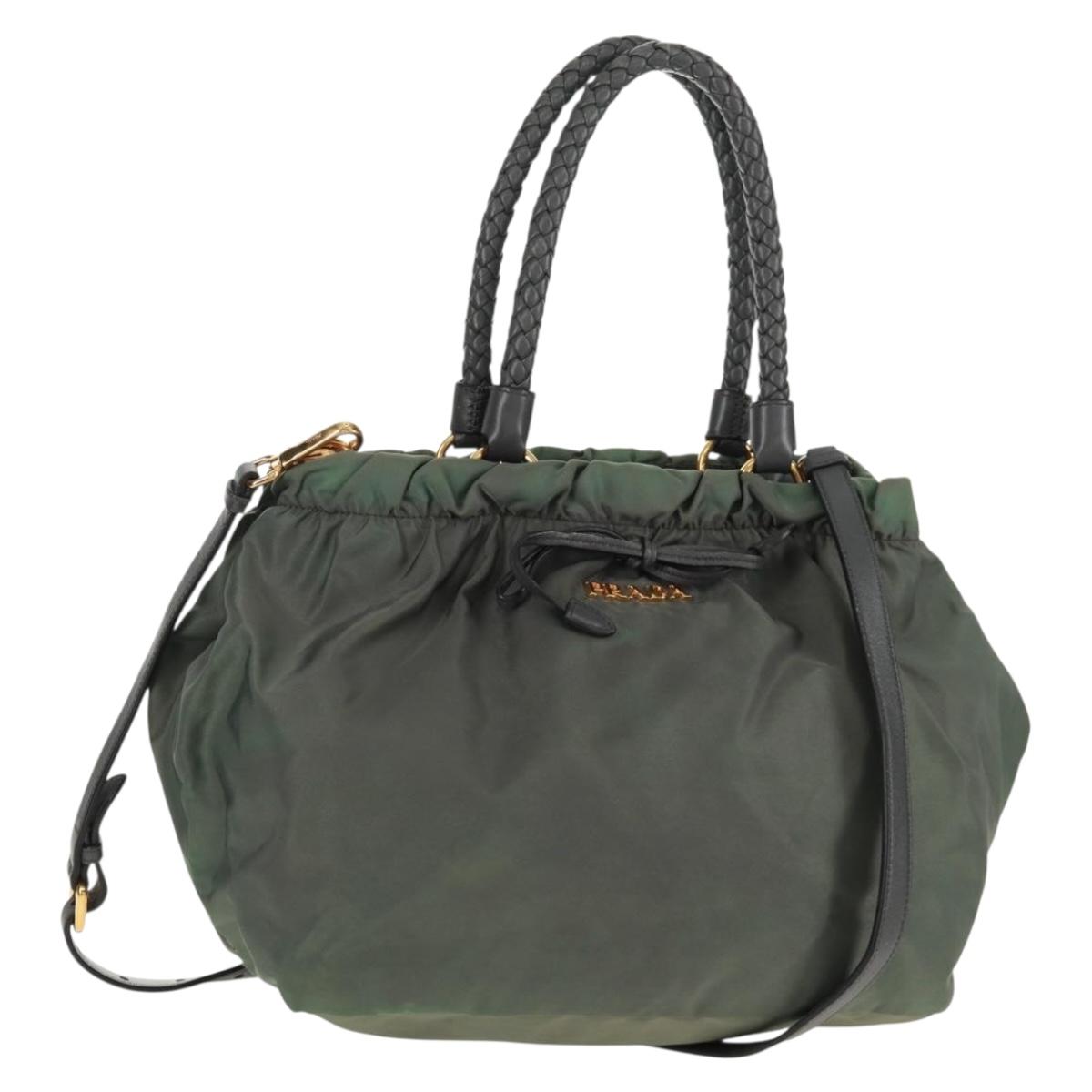 PRADA Hand Bag Nylon 2way Khaki Gold Auth bs31881