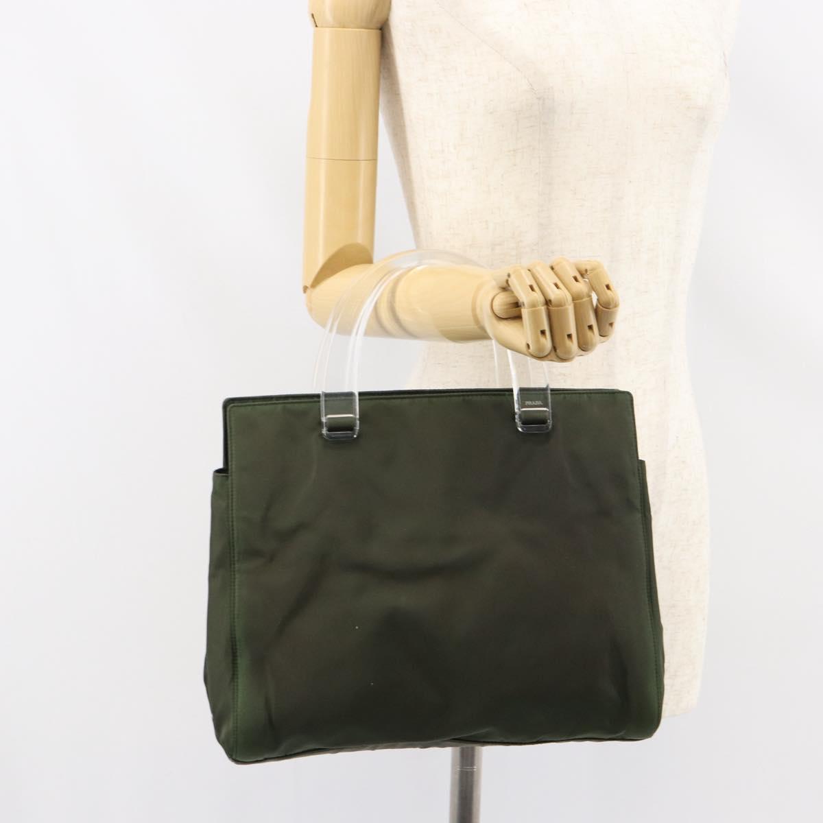 PRADA Hand Bag Nylon Khaki Silver Auth bs31898