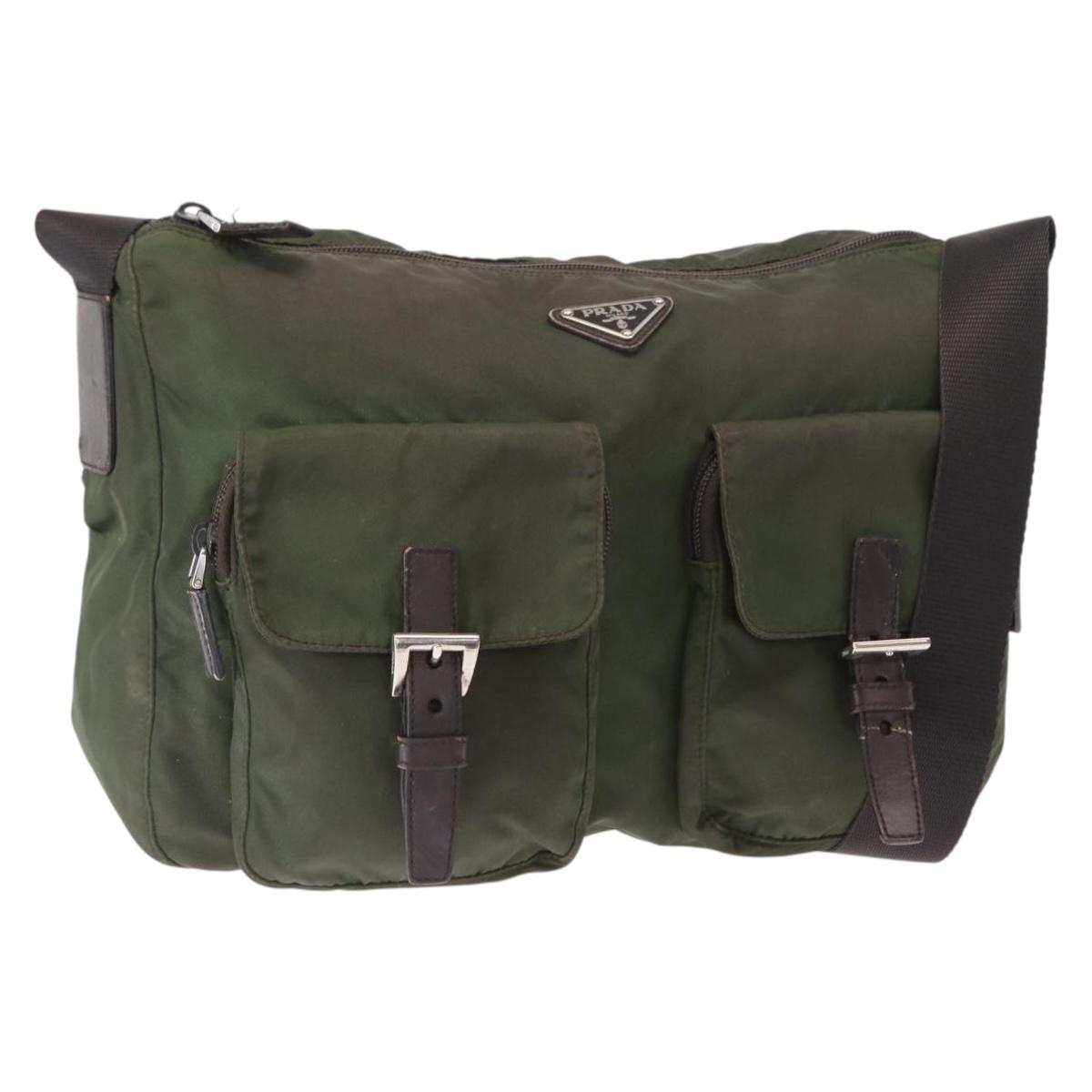 PRADA Shoulder Bag Nylon Khaki Silver Auth bs31900