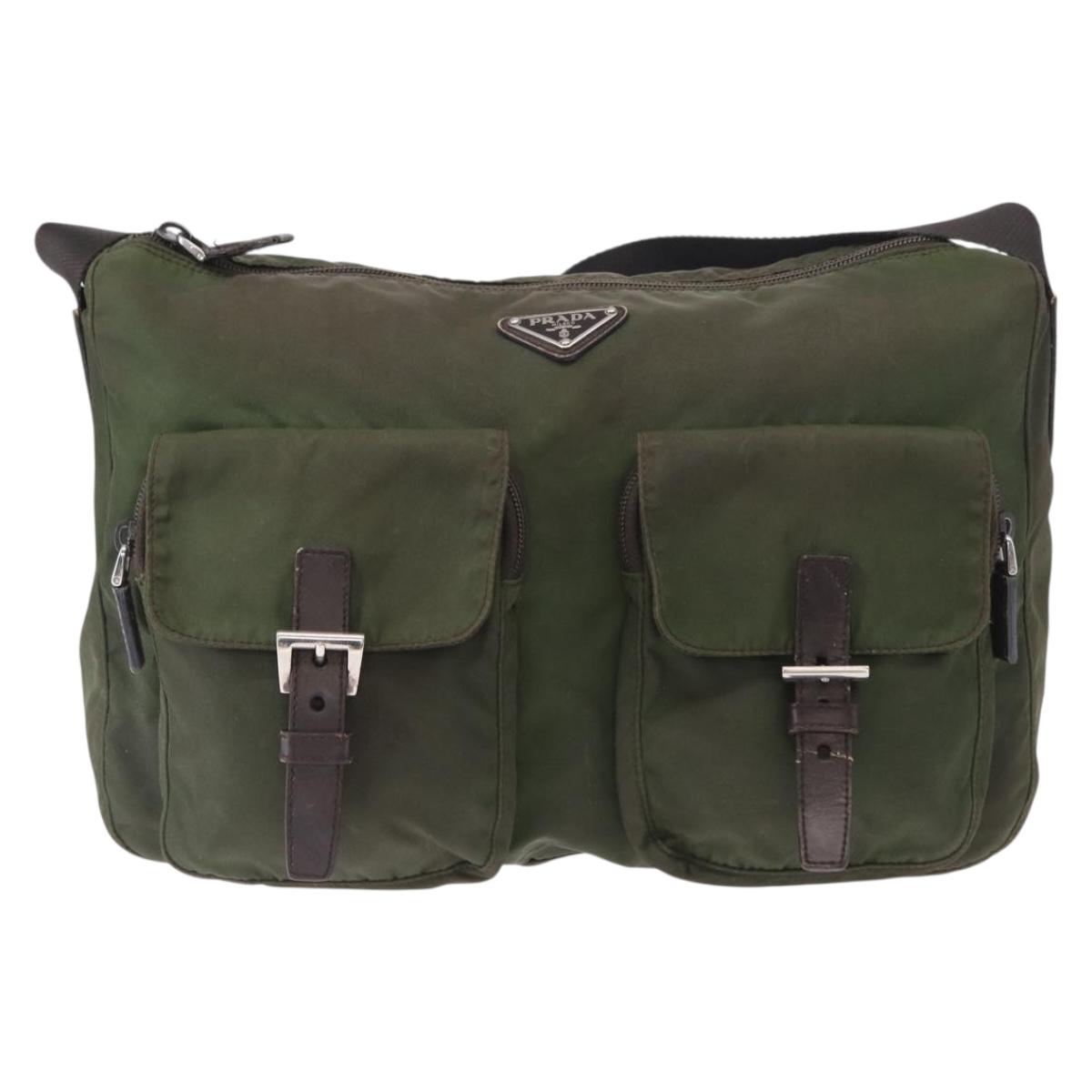 PRADA Shoulder Bag Nylon Khaki Silver Auth bs31900
