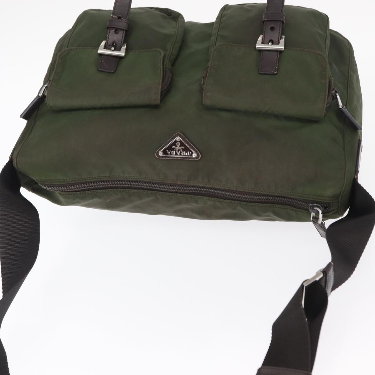 PRADA Shoulder Bag Nylon Khaki Silver Auth bs31900