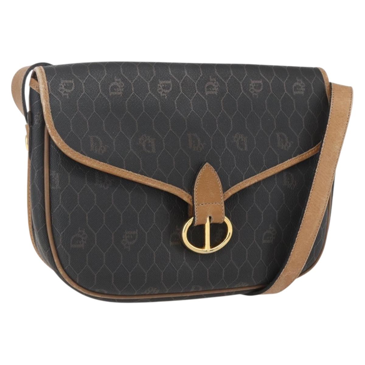 Christian Dior Honeycomb Canvas Shoulder Bag PVC Black Brown gold Auth bs31903