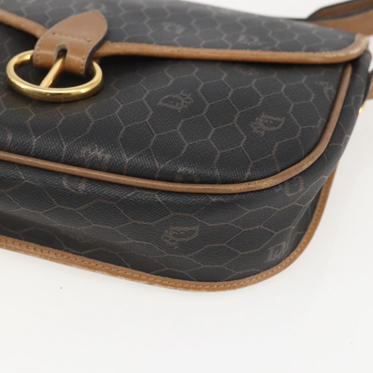 Christian Dior Honeycomb Canvas Shoulder Bag PVC Black Brown gold Auth bs31903