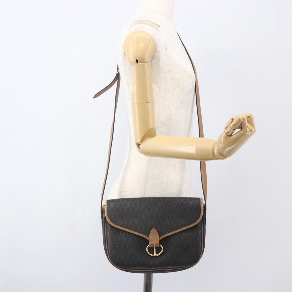 Christian Dior Honeycomb Canvas Shoulder Bag PVC Black Brown gold Auth bs31903