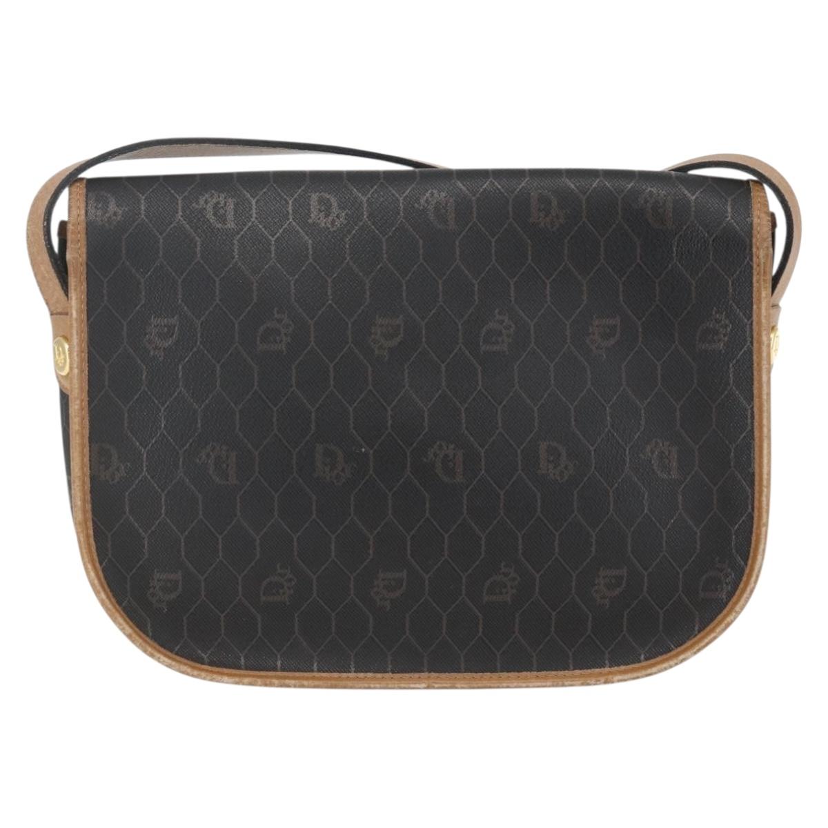 Christian Dior Honeycomb Canvas Shoulder Bag PVC Black Brown gold Auth bs31903