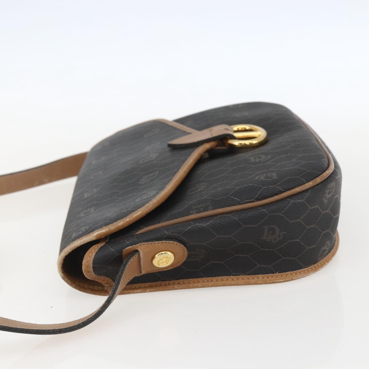 Christian Dior Honeycomb Canvas Shoulder Bag PVC Black Brown gold Auth bs31903