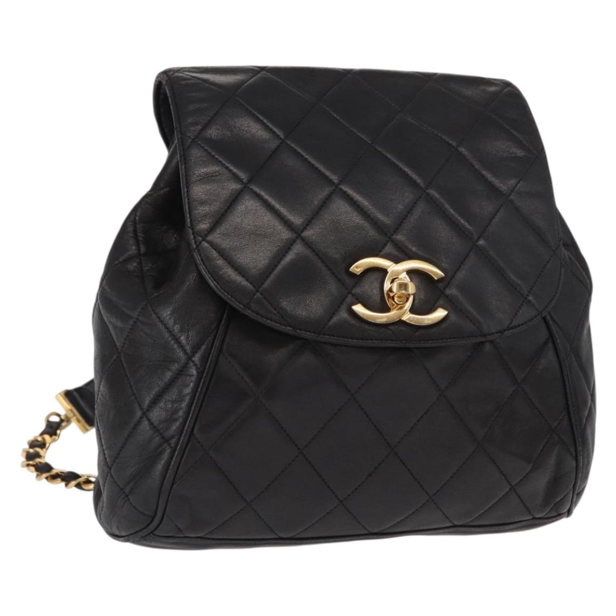 CHANEL Matelasse Backpack Lamb Skin Black Gold CC Auth bs31908