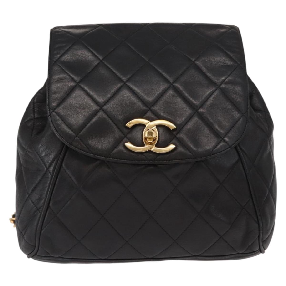 CHANEL Matelasse Backpack Lamb Skin Black Gold CC Auth bs31908