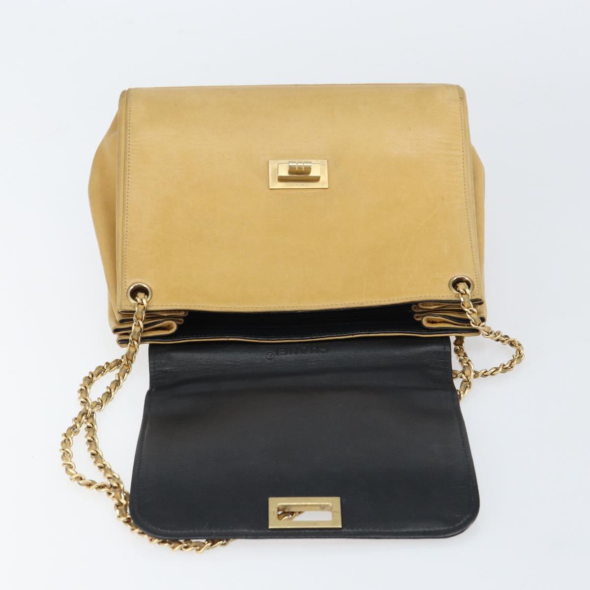 CHANEL Choco Bar line Chain Shoulder Bag Lamb Skin Beige Gold CC Auth bs31909