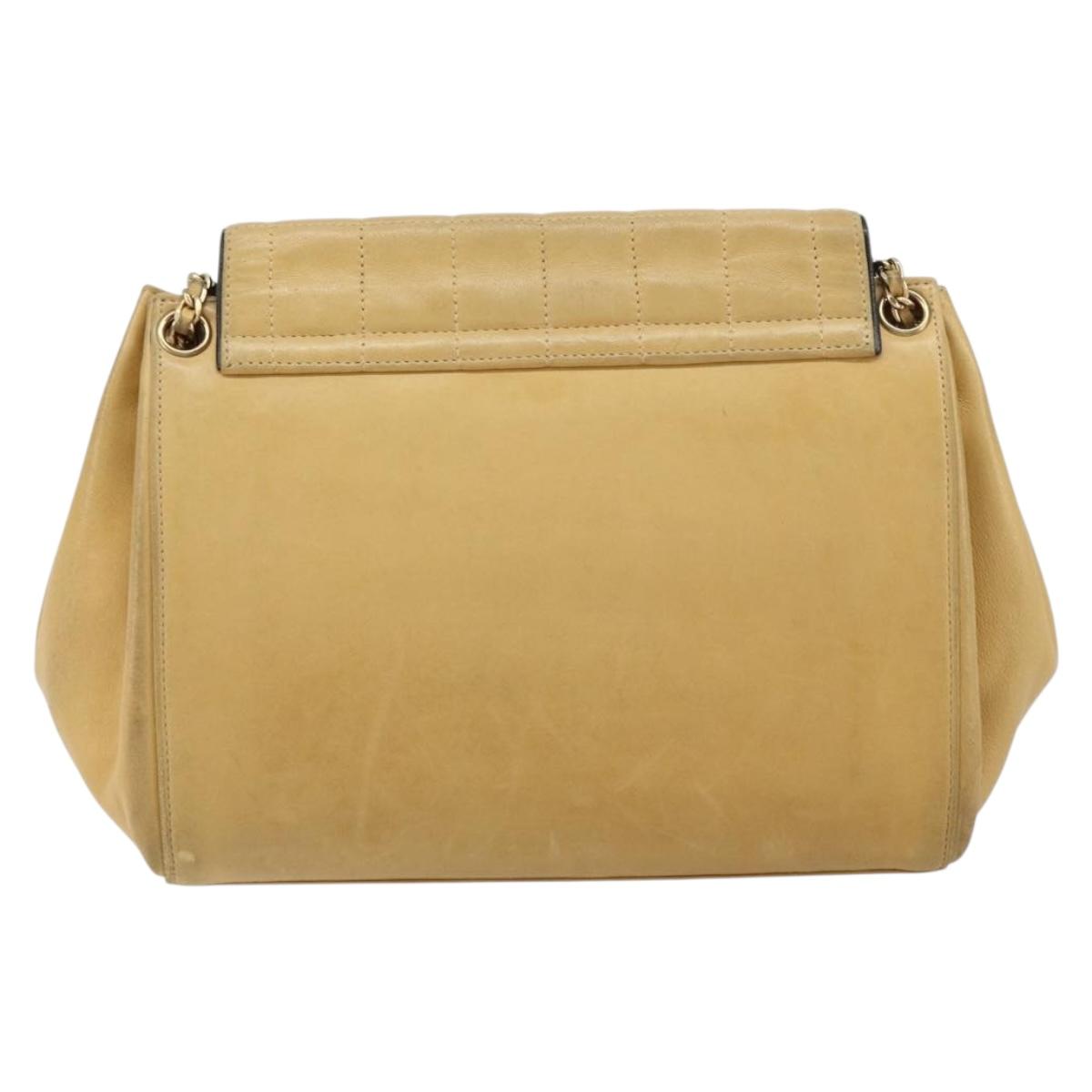 CHANEL Choco Bar line Chain Shoulder Bag Lamb Skin Beige Gold CC Auth bs31909