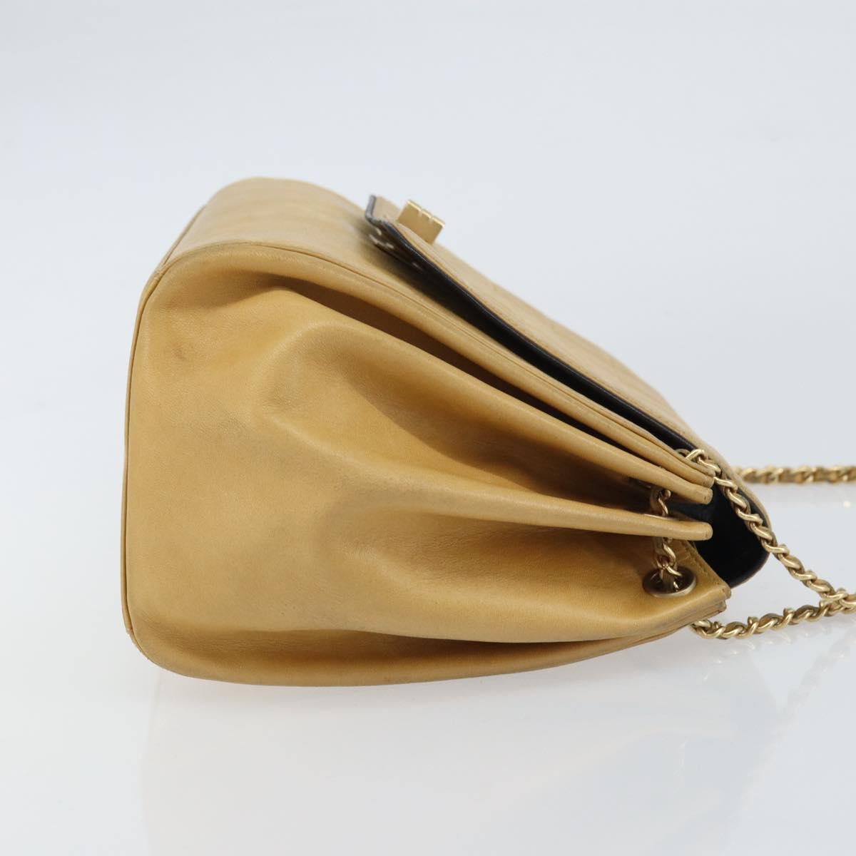 CHANEL Choco Bar line Chain Shoulder Bag Lamb Skin Beige Gold CC Auth bs31909