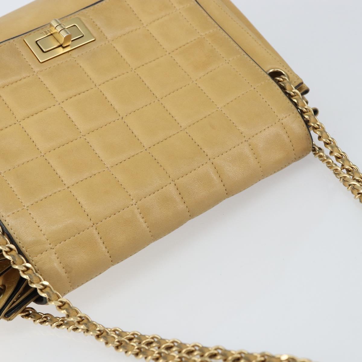 CHANEL Choco Bar line Chain Shoulder Bag Lamb Skin Beige Gold CC Auth bs31909