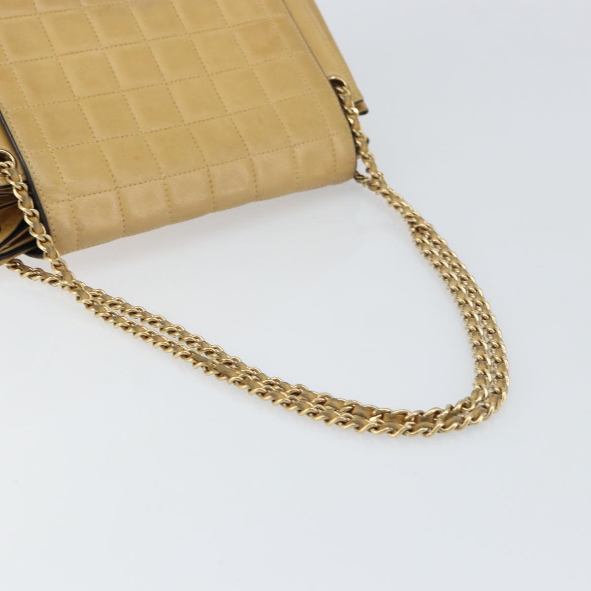 CHANEL Choco Bar line Chain Shoulder Bag Lamb Skin Beige Gold CC Auth bs31909