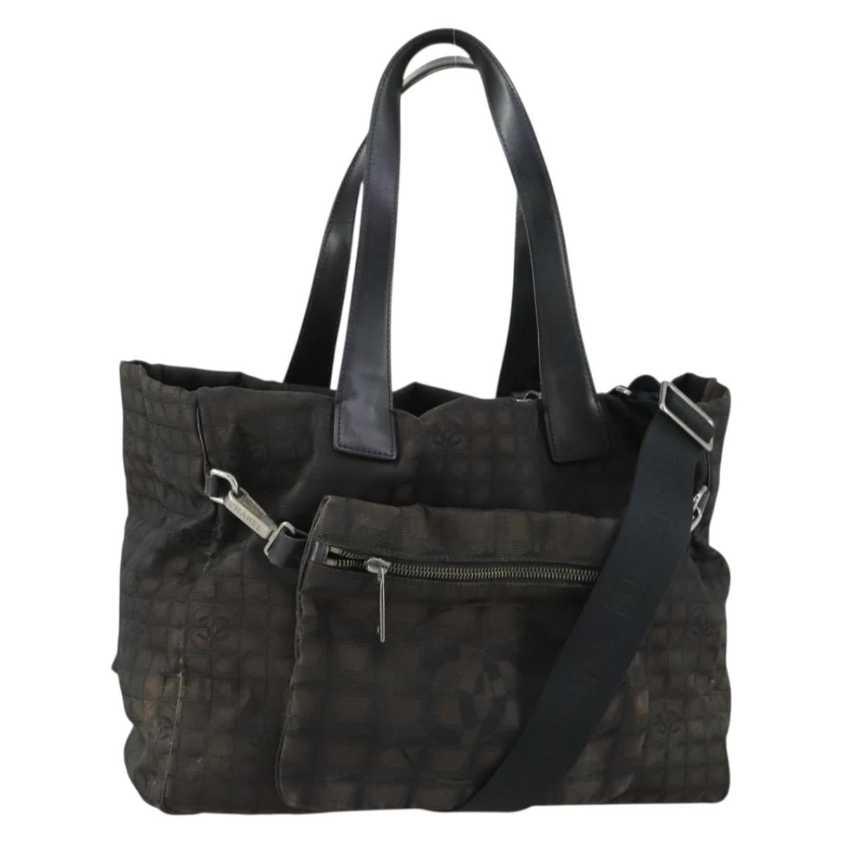 CHANEL New Travel Line Tote Bag Nylon 2way Brown Silver CC Auth bs31911