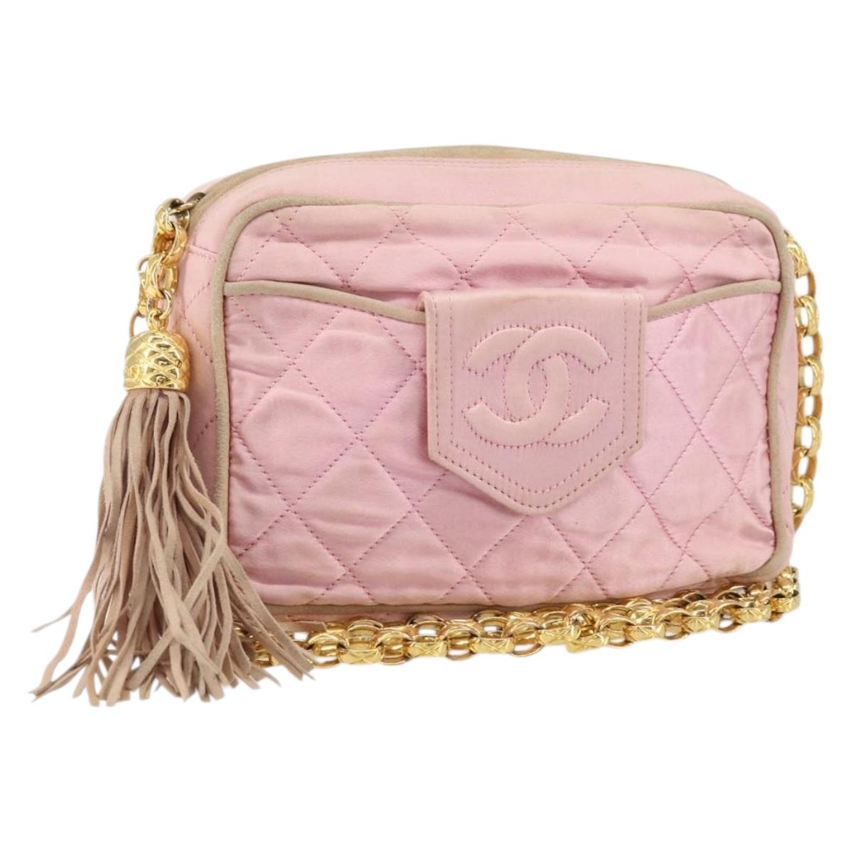 CHANEL Chain Shoulder Bag Satin Pink Gold CC Auth bs31914