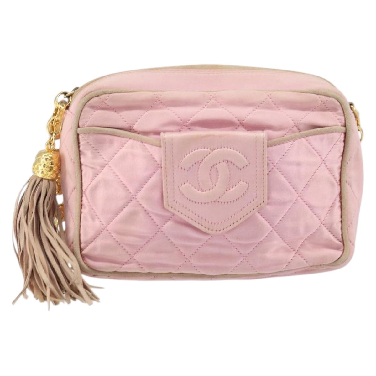 CHANEL Chain Shoulder Bag Satin Pink Gold CC Auth bs31914