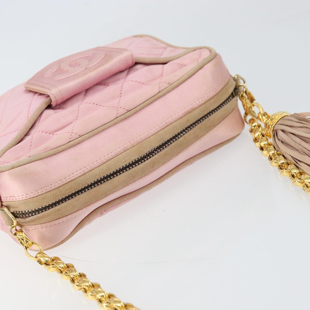 CHANEL Chain Shoulder Bag Satin Pink Gold CC Auth bs31914