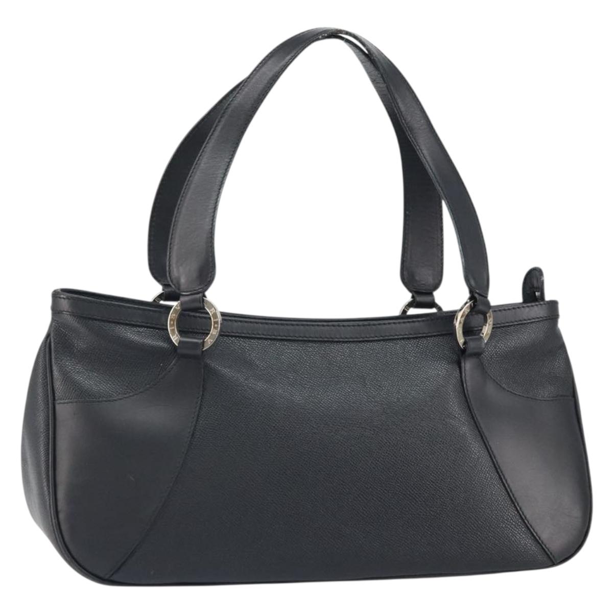 BVLGARI Hand Bag Leather Black Silver Auth bs31966