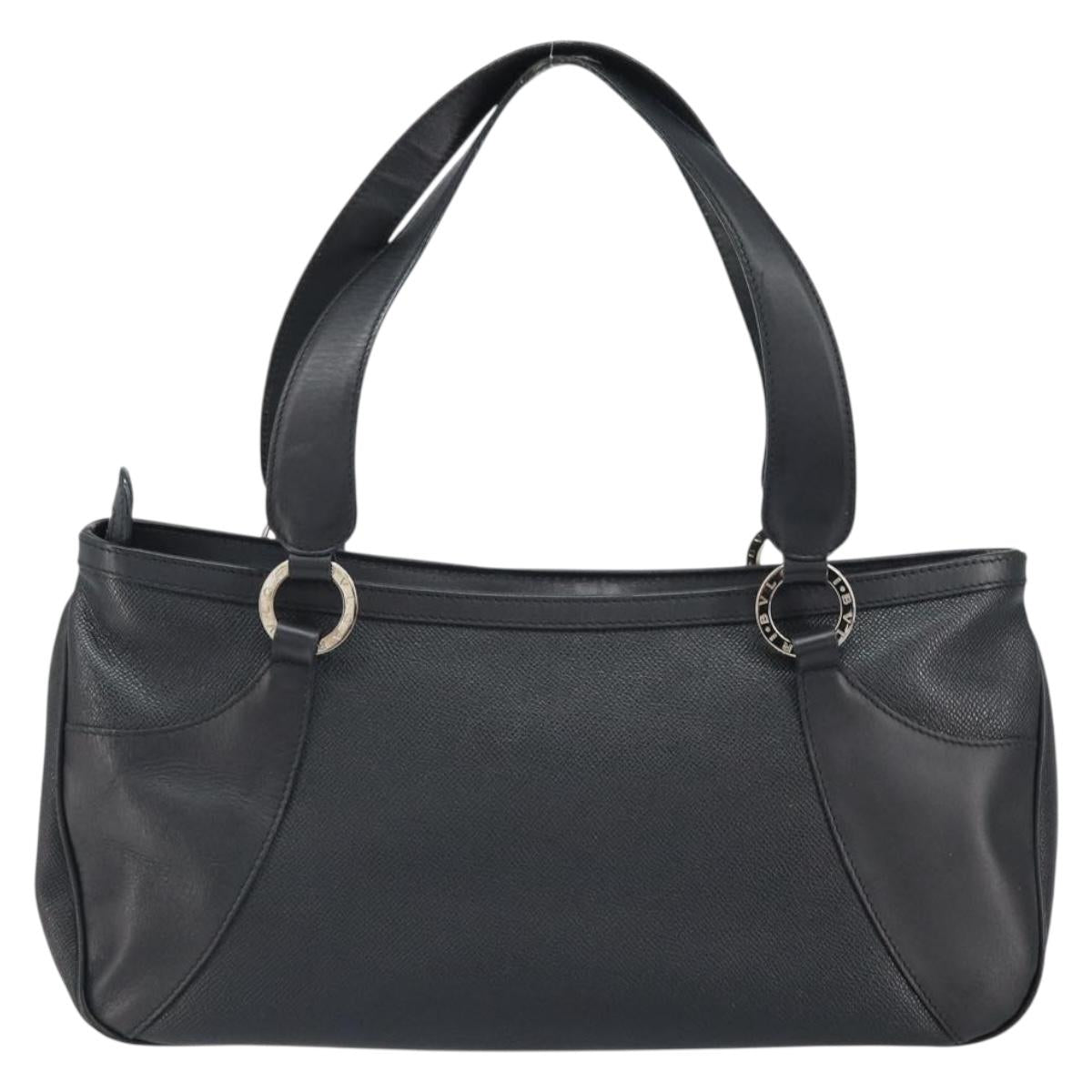 BVLGARI Hand Bag Leather Black Silver Auth bs31966