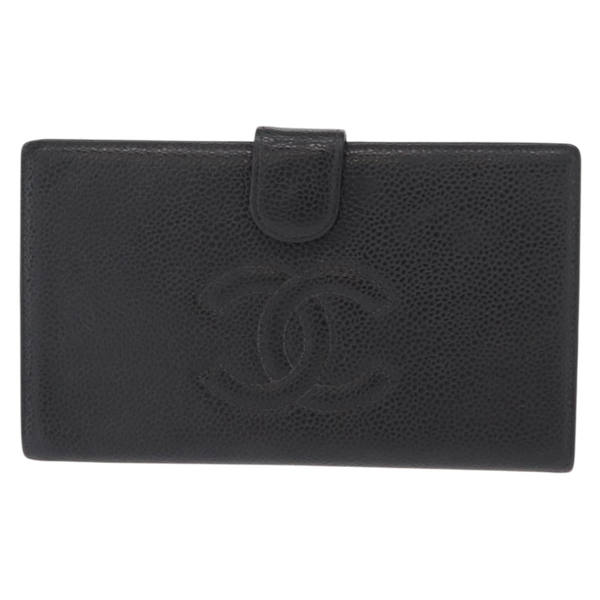 CHANEL Long Wallet Caviar Skin Black Gold CC Auth bs31972
