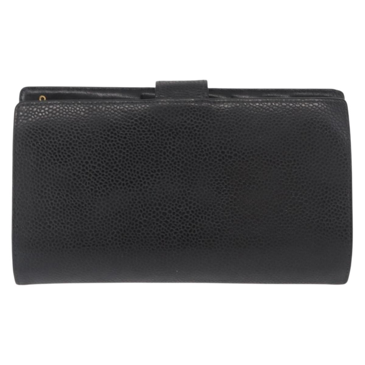 CHANEL Long Wallet Caviar Skin Black Gold CC Auth bs31972