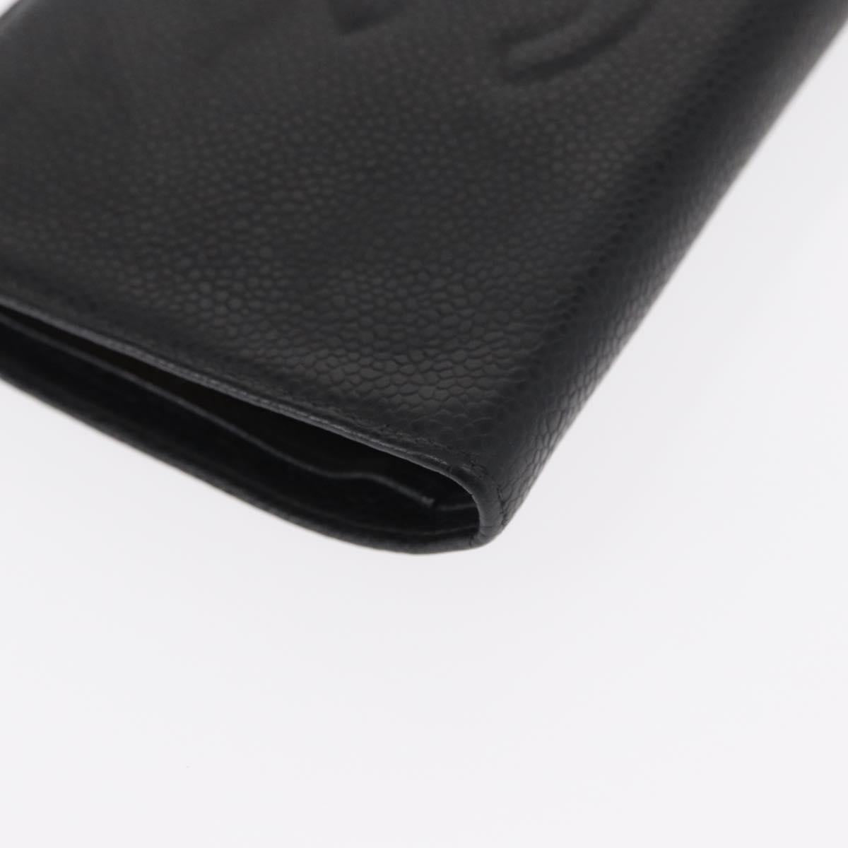 CHANEL Long Wallet Caviar Skin Black Gold CC Auth bs31972