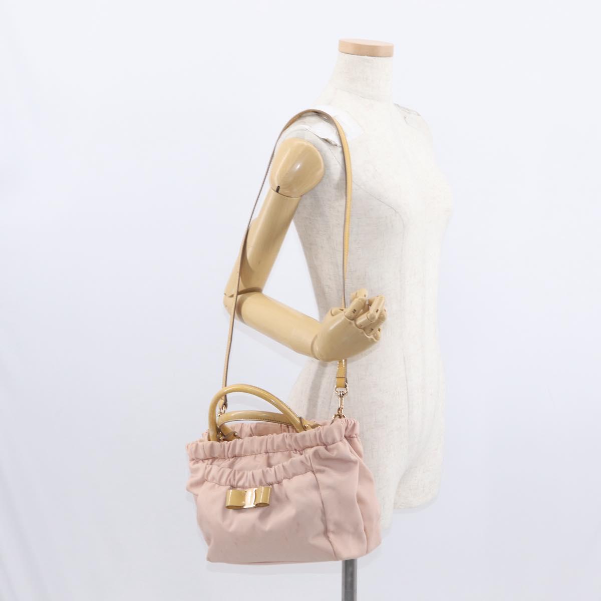 Salvatore Ferragamo Vala Hand Bag Nylon 2way Pink Gold Auth bs32036