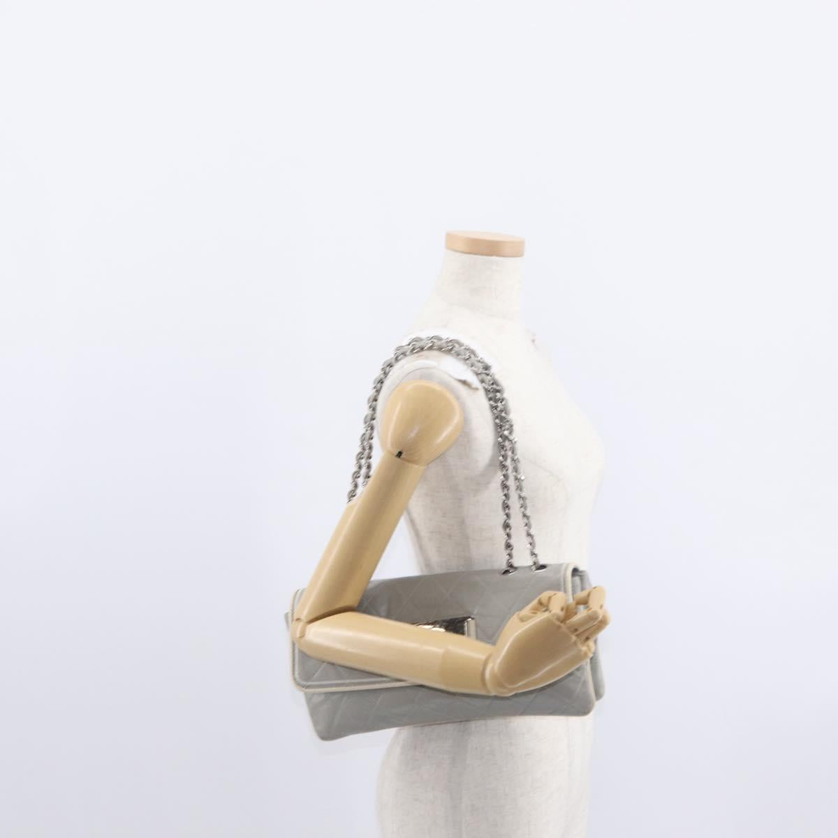 CHANEL Lamb Skin Chain Shoulder Bag Gray Silver CC Auth bs32040