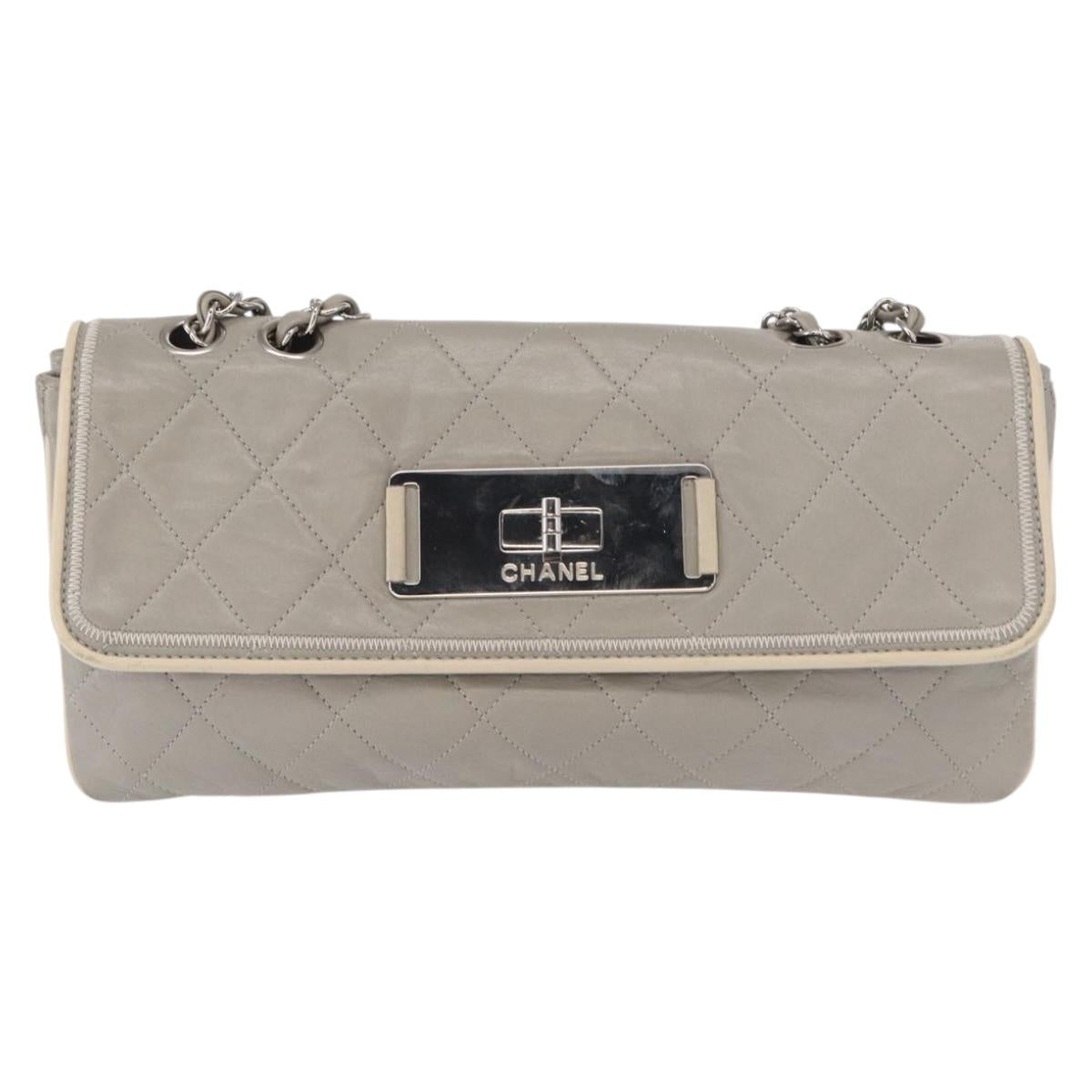 CHANEL Lamb Skin Chain Shoulder Bag Gray Silver CC Auth bs32040