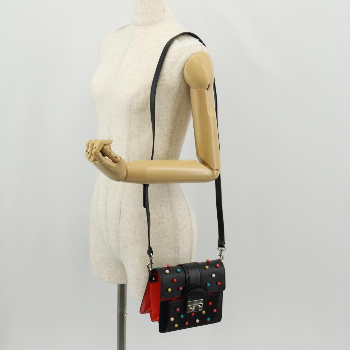 VALENTINO Shoulder Bag Leather Black Silver Auth bs32041V