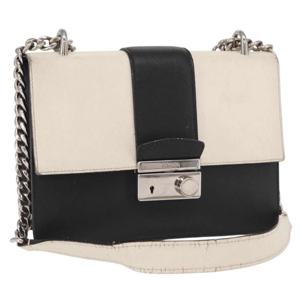 PRADA Chain Shoulder Bag Leather White Silver Auth bs32042