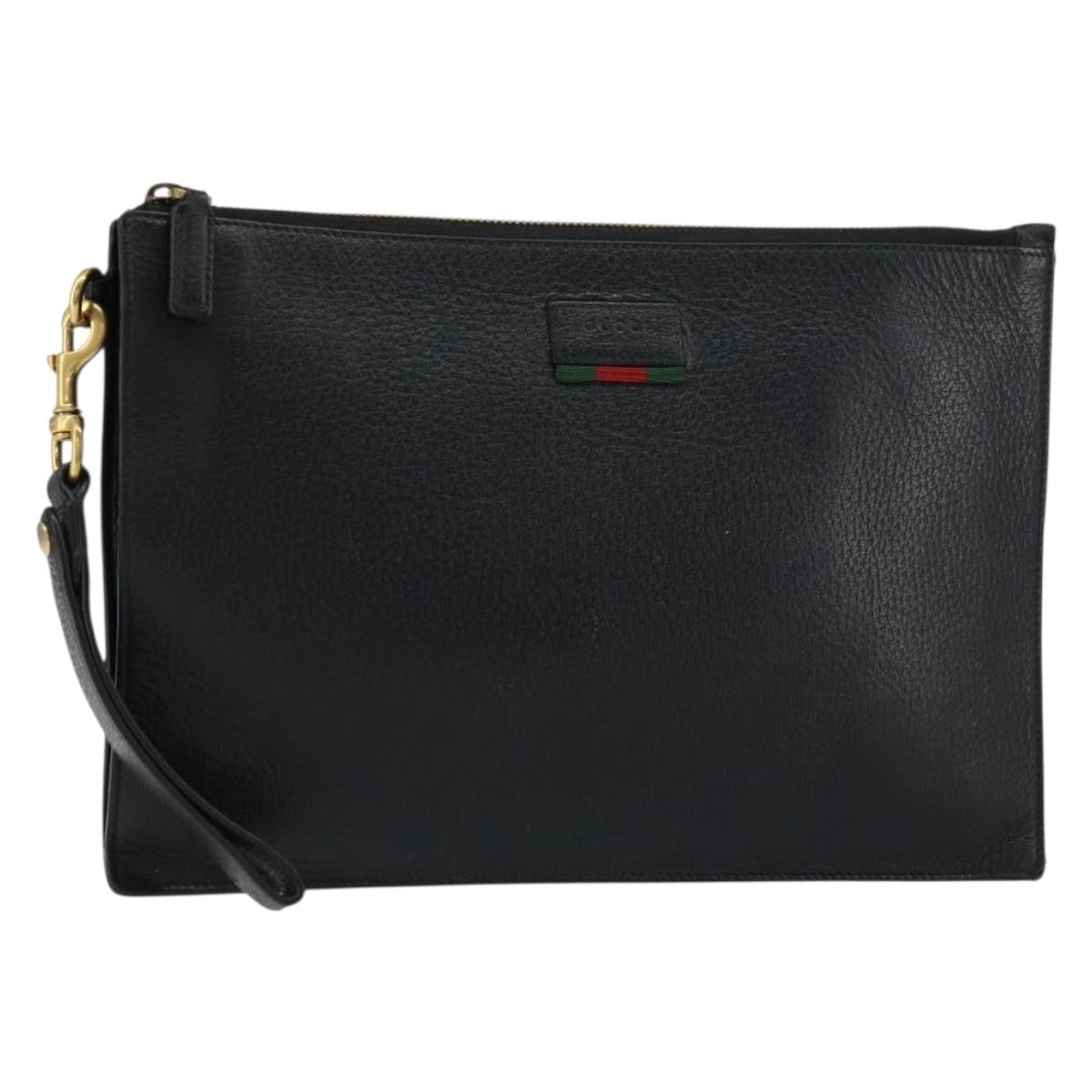 GUCCI Web Sherry Line Clutch Bag Leather Black Gold 428758 Auth bs32046