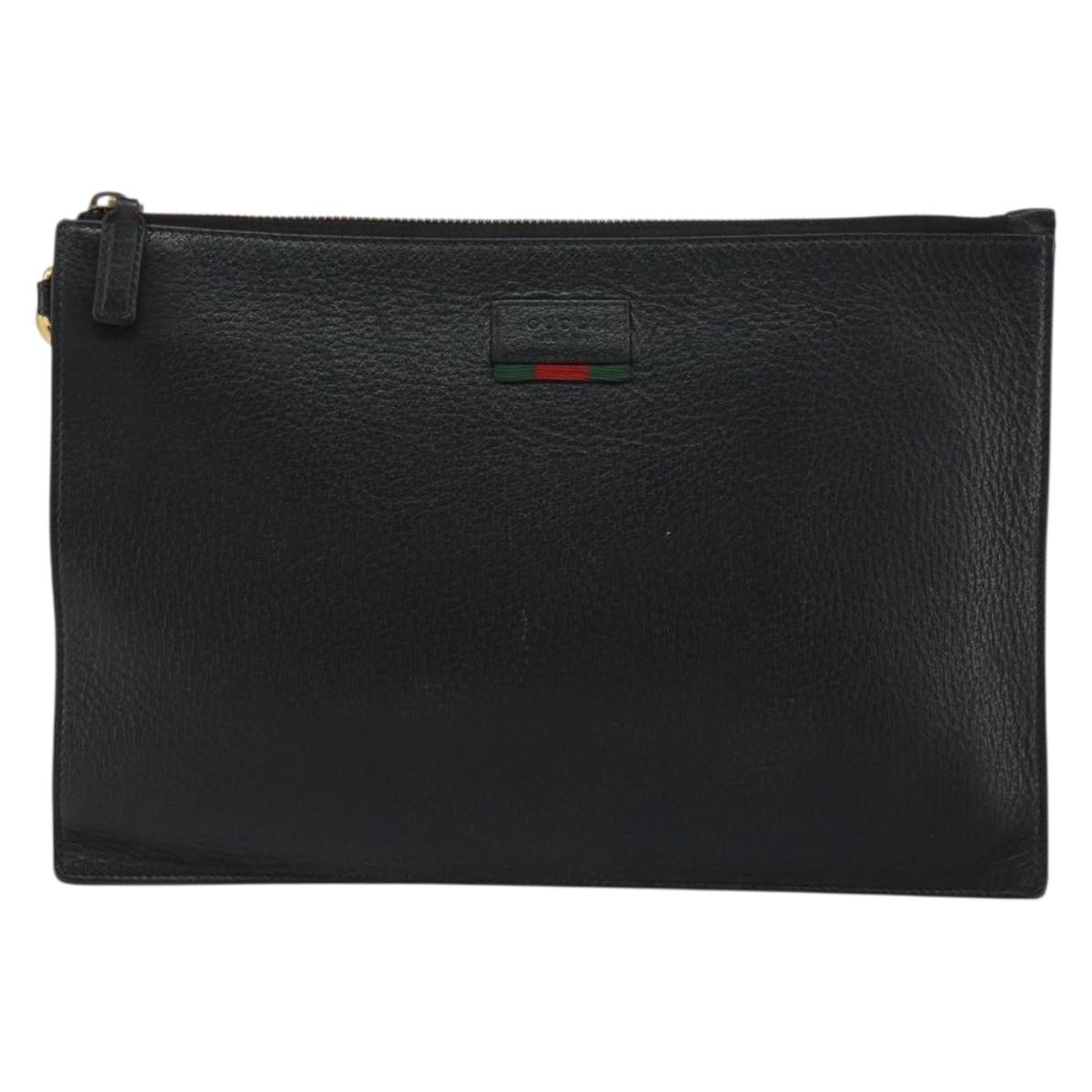 GUCCI Web Sherry Line Clutch Bag Leather Black Gold 428758 Auth bs32046