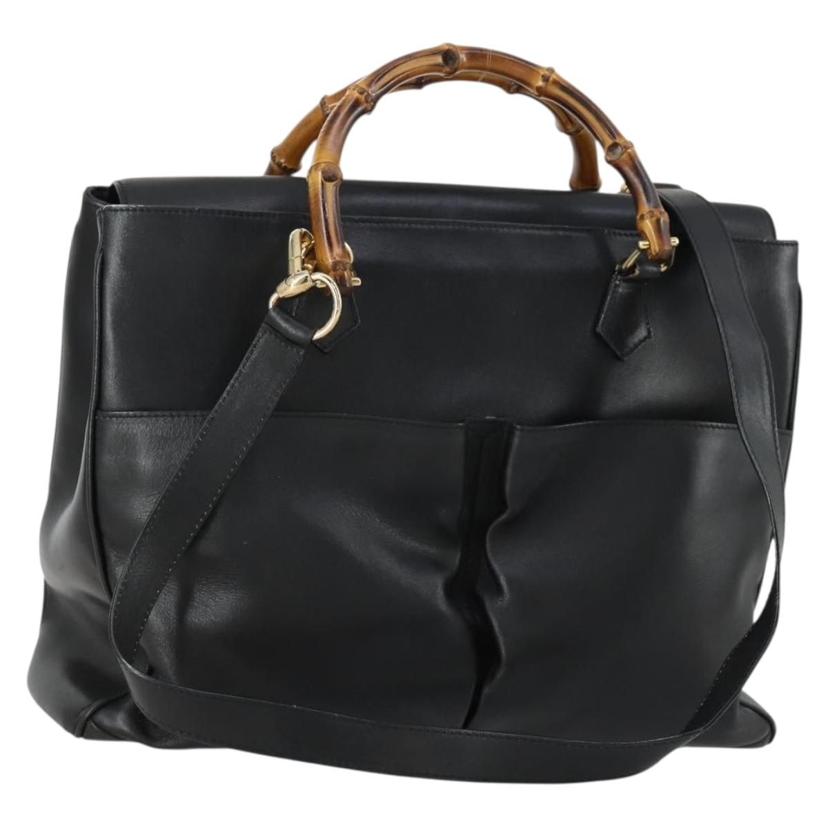 GUCCI Bamboo Hand Bag Leather Black Gold 002 123 0322 Auth bs32053