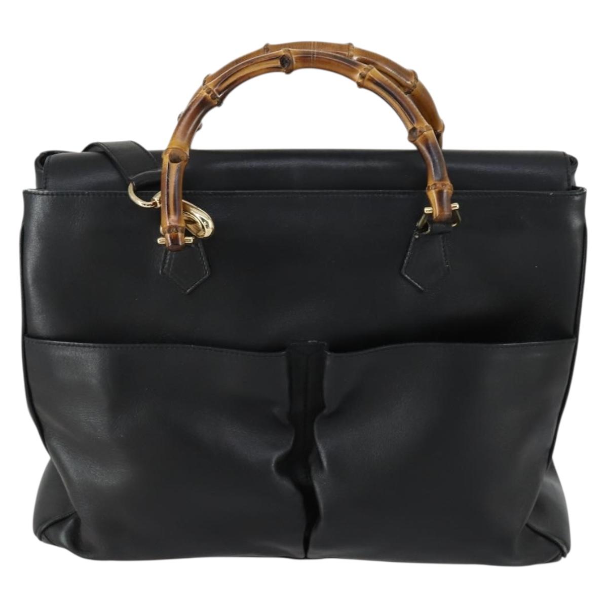 GUCCI Bamboo Hand Bag Leather Black Gold 002 123 0322 Auth bs32053