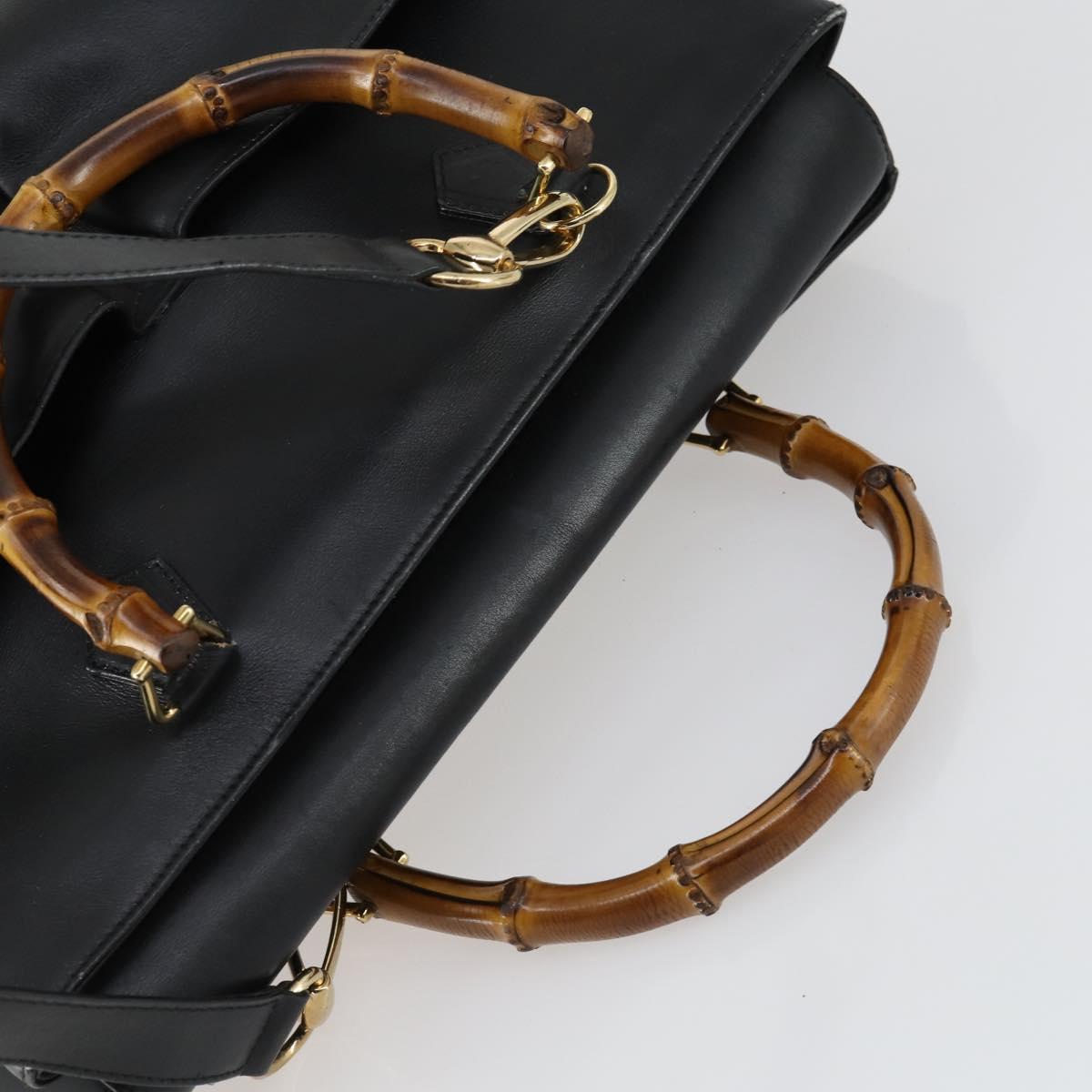 GUCCI Bamboo Hand Bag Leather Black Gold 002 123 0322 Auth bs32053