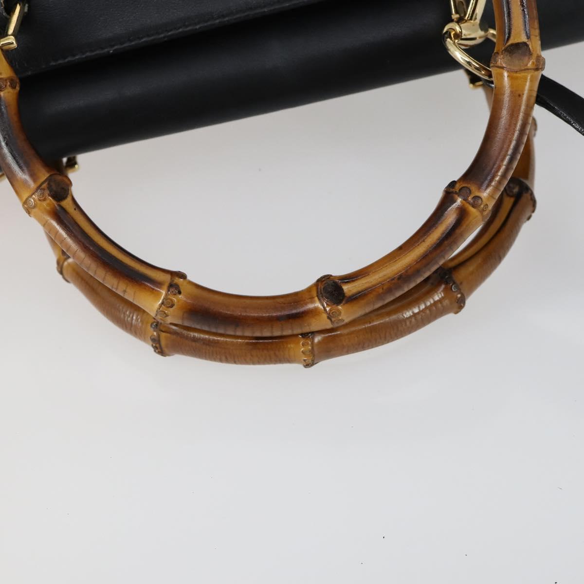 GUCCI Bamboo Hand Bag Leather Black Gold 002 123 0322 Auth bs32053