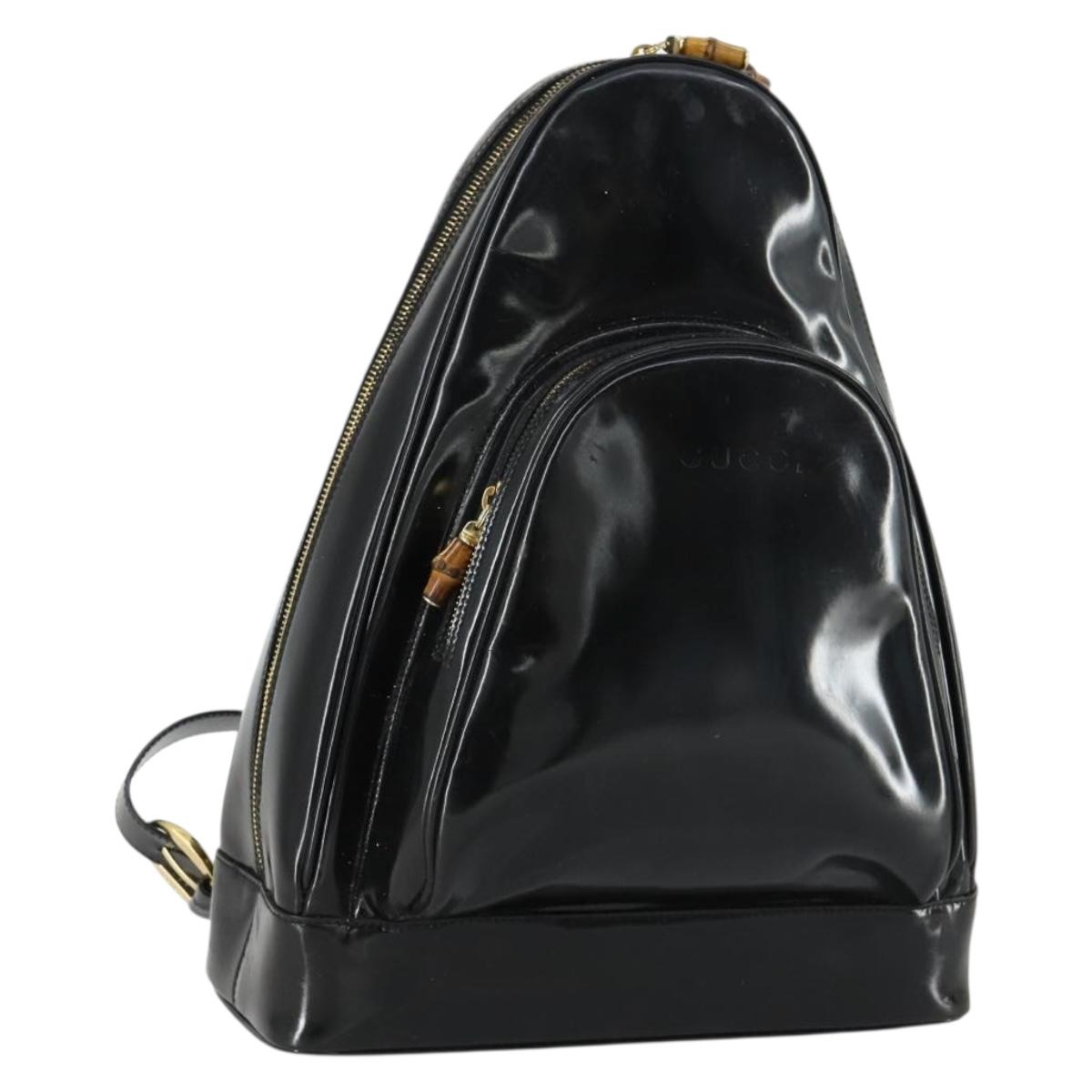 GUCCI Bamboo Shoulder Bag Enamel Black Gold Auth bs32059
