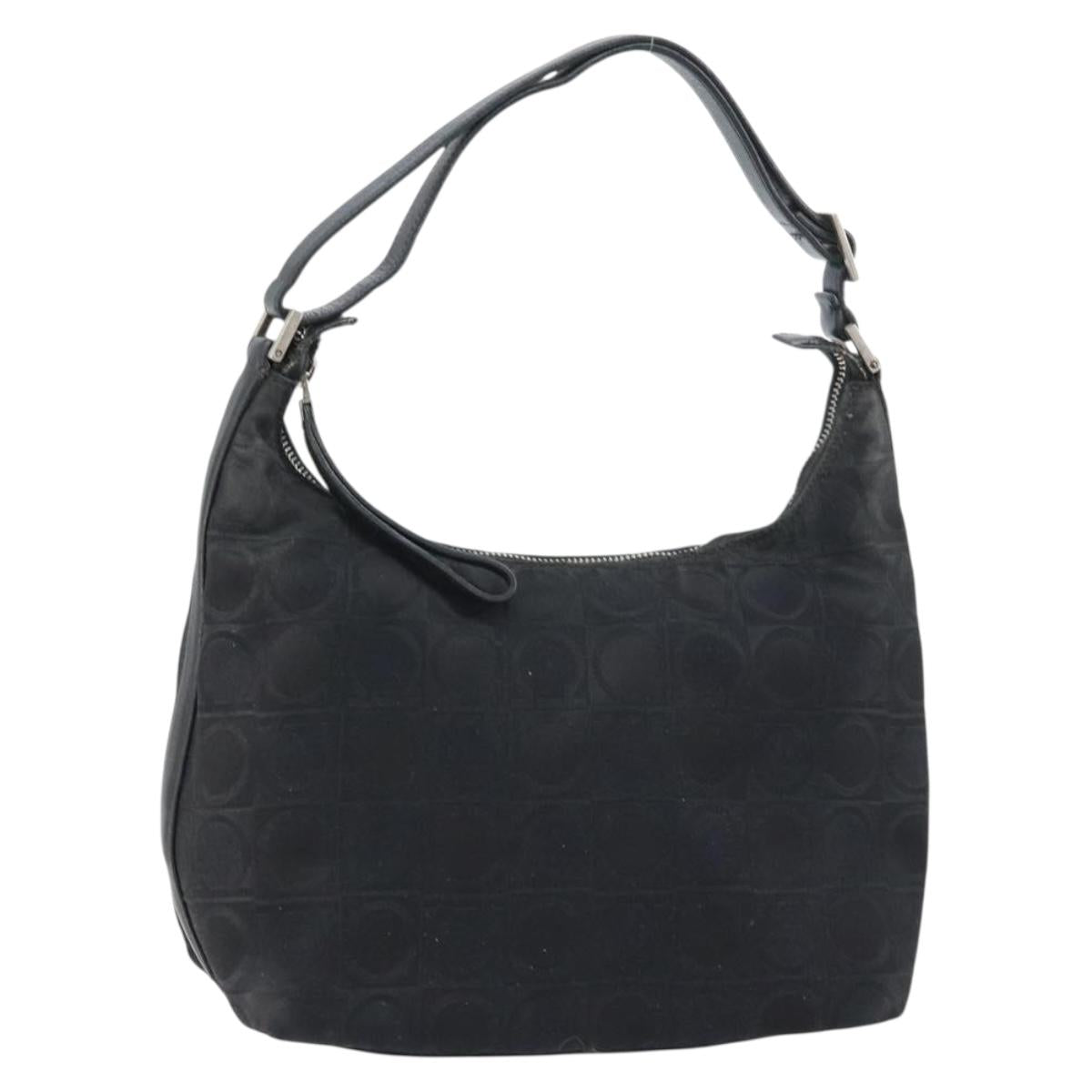Salvatore Ferragamo Gancini Shoulder Bag Nylon Black Silver Auth bs32062