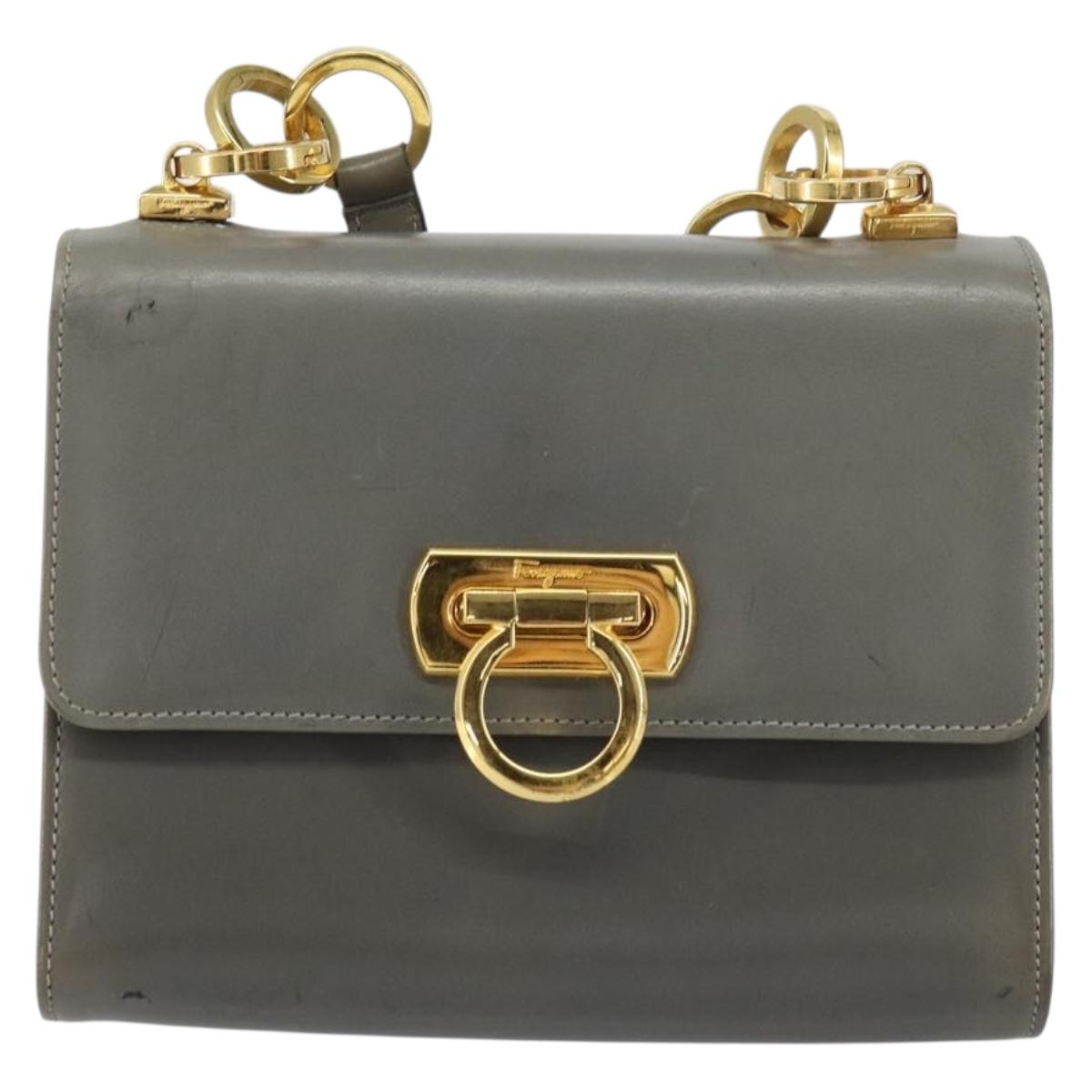 Salvatore Ferragamo Gancini Chain Shoulder Bag Leather Gray Gold Auth bs32063