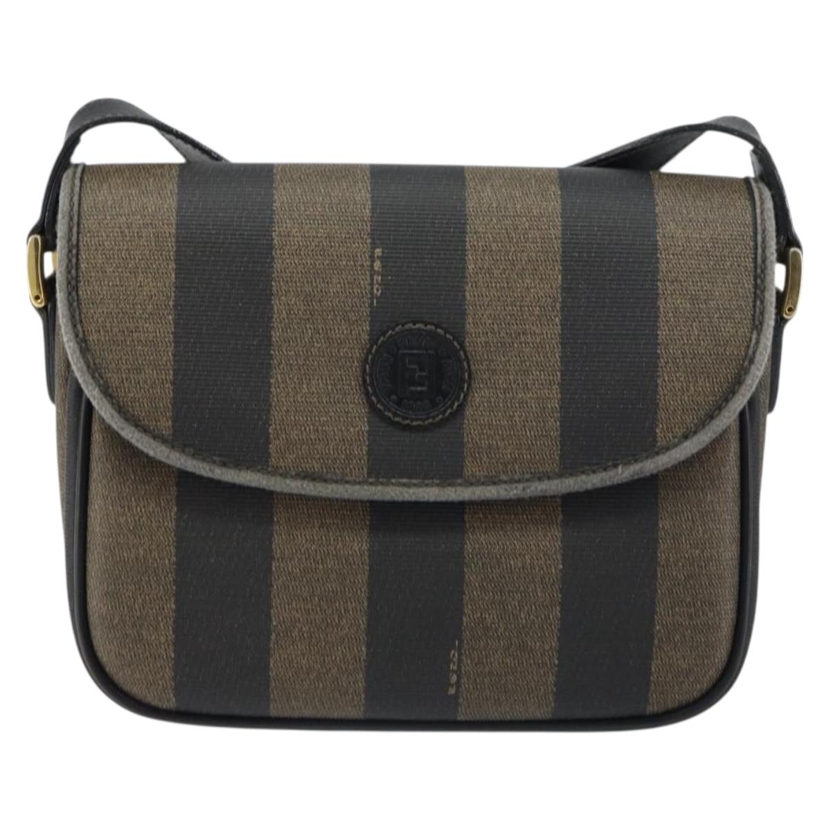 FENDI Pecan Canvas Shoulder Bag PVC Black Brown gold Auth bs32065