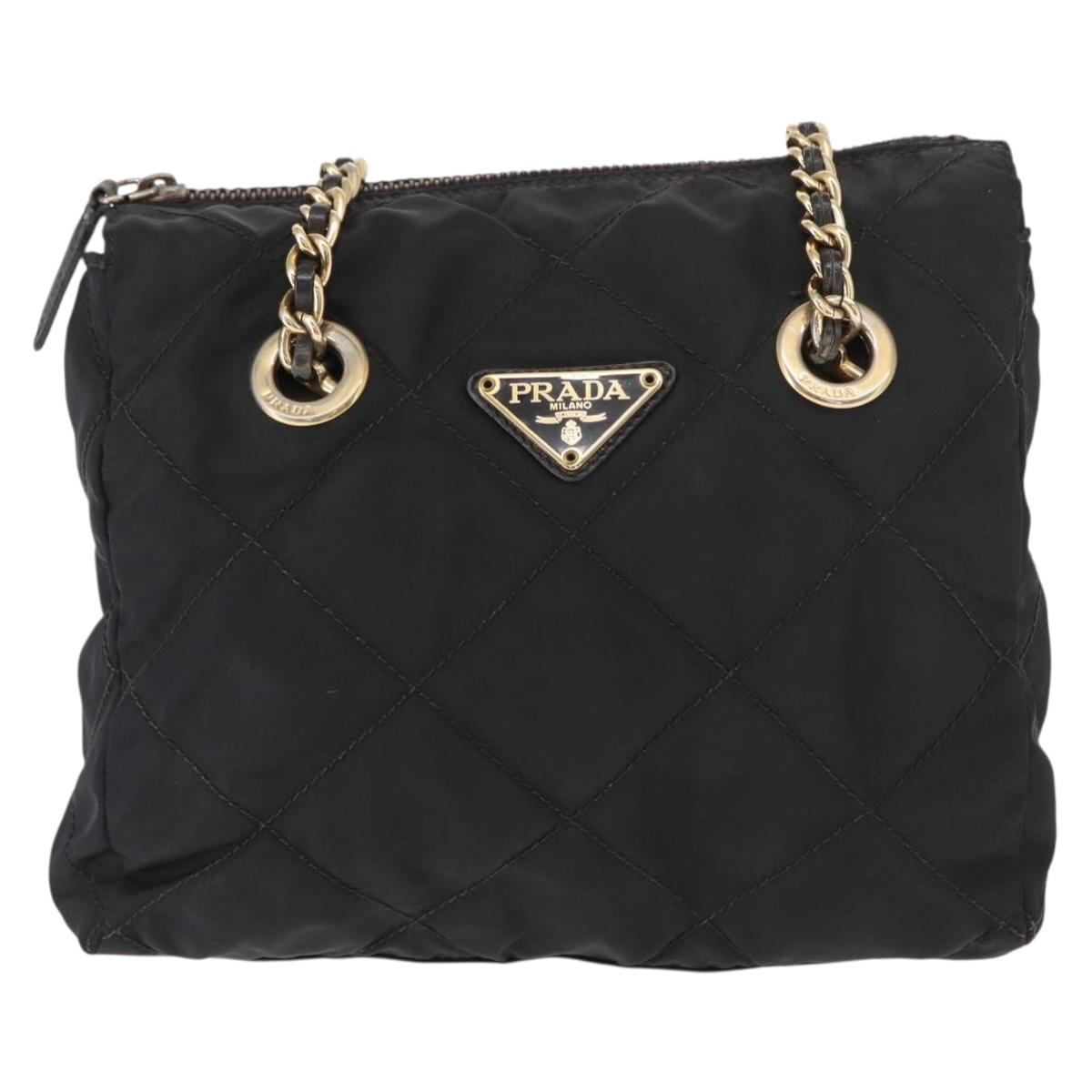 PRADA Chain Shoulder Bag Nylon Black Gold Auth bs32070