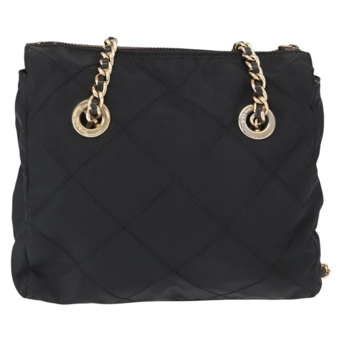 PRADA Chain Shoulder Bag Nylon Black Gold Auth bs32070