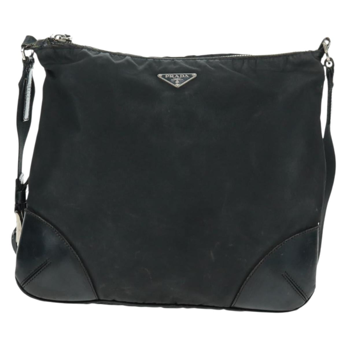 PRADA Shoulder Bag Nylon Leather Black Silver Auth bs32075