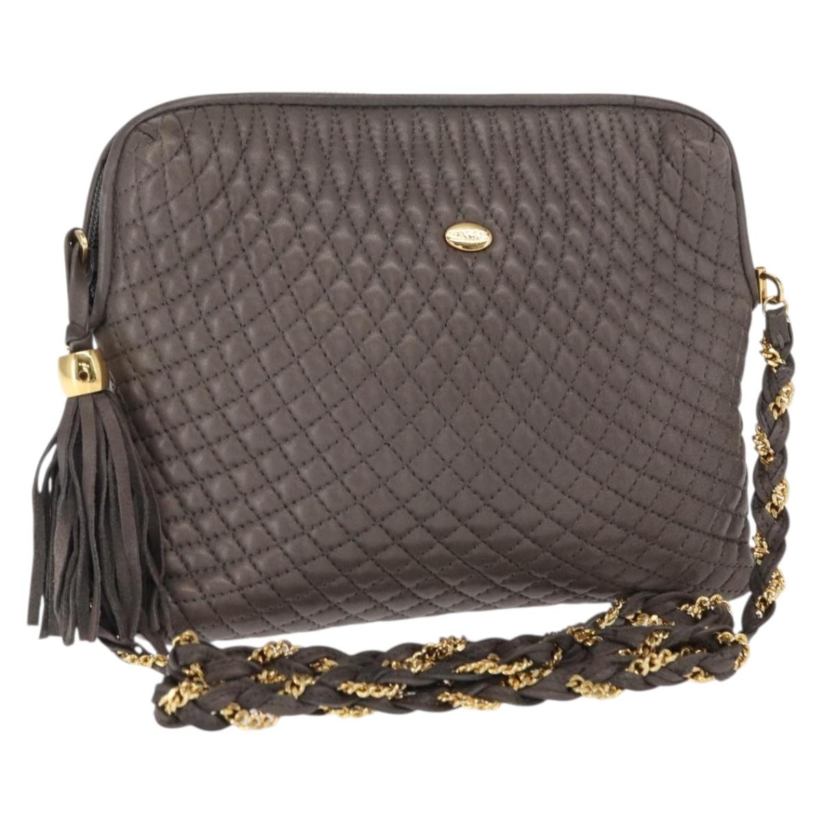 BALLY Chain Shoulder Bag Leather Gray Gold Auth bs32085